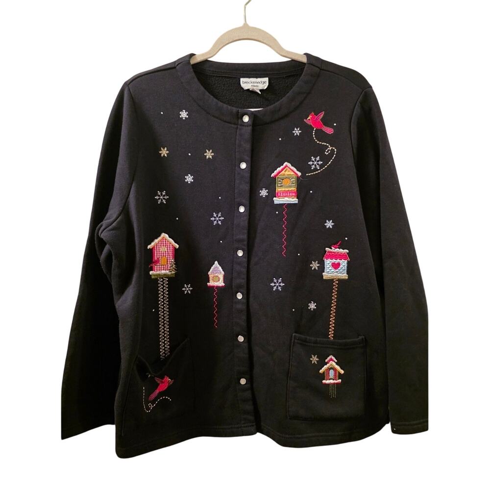 Vtg Winter Cardinal Embroidered Cardigan Sweater Holiday 2X Bird Black Red